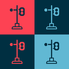Pop art Train traffic light icon isolated on color background. Traffic lights for the railway to regulate the movement of trains. Vector.
