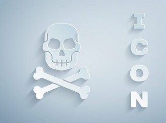 Paper cut Skull on crossbones icon isolated on grey background. Happy Halloween party. Paper art style. Vector.