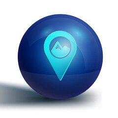 Blue Map pointer with mountain icon isolated on white background. Mountains travel icon. Blue circle button. Vector.