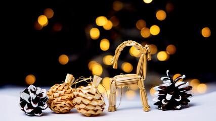 rustic christmas decoration card with garland and snowflakes, bokeh