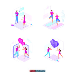 Fototapeta na wymiar Trendy flat illustration set. Set of illustrations about the relationship between a man and a woman. Template for your design works. Vector graphics.