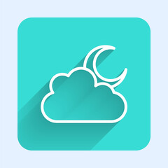 White line Cloud with moon icon isolated with long shadow. Cloudy night sign. Sleep dreams symbol. Night or bed time sign. Green square button. Vector.