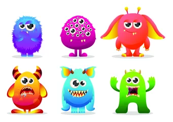 Fotobehang Big Eyed Monsters with Horns Expressing Emotions. Collection of cute realistic character monster © SERHII