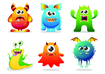 Collection of gradiente monster characters. Set of cartoon monsters: goblin or troll, cyclops, ghost, monsters and aliens.