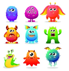 Fotobehang Set van schattige cartoon kleurrijke monsters met verschillende emoties. Grappige monsters grote kleurrijke collectie met stier bang plant peanut © SERHII