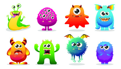 Collection of gradiente monsters. Funny emoticons emojis collection for kids. Fantasy characters. 