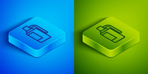 Isometric line Hand grenade icon isolated on blue and green background. Bomb explosion. Square button. Vector.