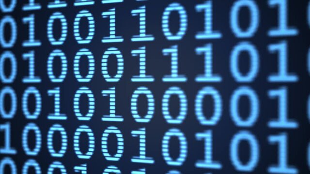 Abstract blue digital binary data on computer screen. Artistic binary code motion background.	