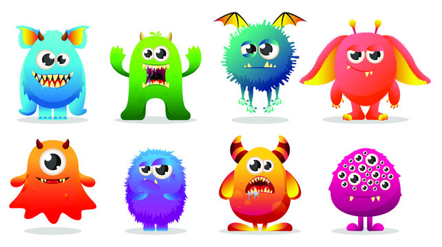 Set of cute cartoon colorful monsters. Cute cartoon Monsters. Set of cartoon monsters: goblin or troll, cyclops, ghost, monsters and aliens.