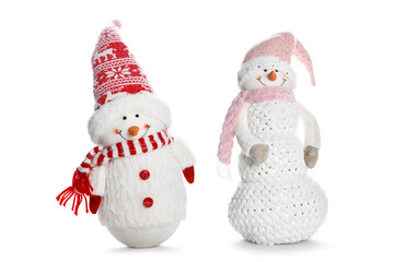 Christmas time. A two smiling snowman against white background