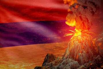 high volcano eruption at night with explosion on Armenia flag background, problems of natural disaster and volcanic earthquake conceptual 3D illustration of nature