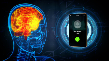 holo human head image with calling smartphone, brain danger by mobile communication concept - medical 3D illustration