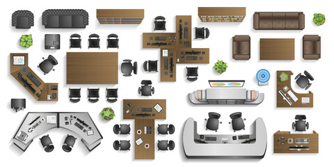 Office furniture. (top view) Desks, chairs, cabinets, sofas, computers, conference room, reception. (view from above) © Алексей Шпадарук