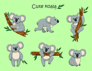 Fototapeta premium Cute koala illustration, vector set. Cute Cartoon Koala is sitting on a tree. Elements for textile, t-shirts, background.