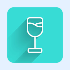 White line Wine glass icon isolated with long shadow. Wineglass icon. Goblet symbol. Glassware sign. Happy Easter. Green square button. Vector.