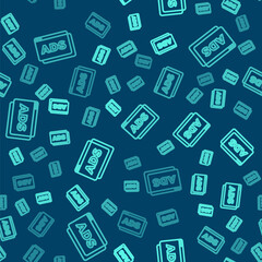 Green line Advertising icon isolated seamless pattern on blue background. Concept of marketing and promotion process. Responsive ads. Social media advertising. Vector.