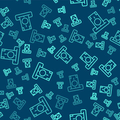 Green line ATM - Automated teller machine and money icon isolated seamless pattern on blue background. Vector.
