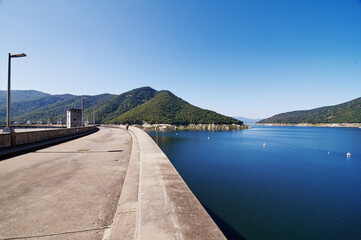 The electric energy from water. The Bhumibol Dam (formerly known as the Yanhi Dam) in Thailand. The dam is situated on the Ping River.