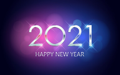 Silver Happy New Year 2020 with bokeh in neon blue and purple color background