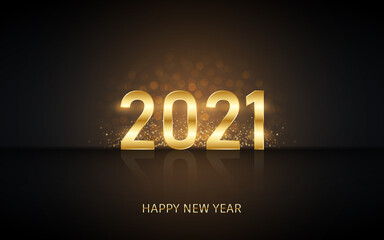 happy new year 2021 in golden label with burst glitter and reflection on black color background