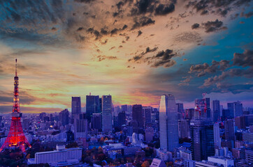 Tokyo skyline at sunset from Shinjuku