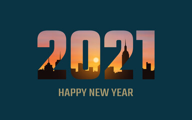 Happy new year 2021 with sun rise and silhouette city skyline background