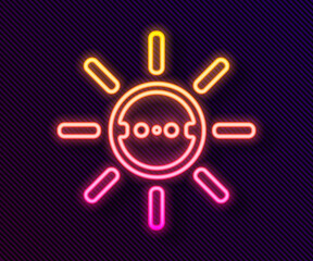 Glowing neon line Solar energy panel icon isolated on black background. Sun with lightning symbol. Vector.