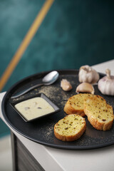 A delicious homemade garlic bread and mushroom soup for healthy breakfast
