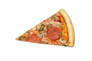 Pizza slice with holopeno and meat, concept for flyer, poster, pizzeria menu. Copy space, isolated.