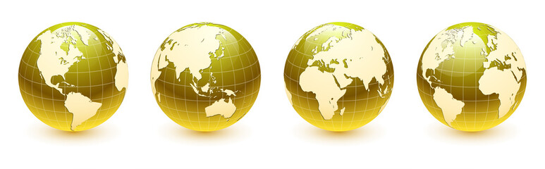 Earth globes 3D golden set, different views, realistic shiny icon with parallels and meridians, vector gold world spheres design. 