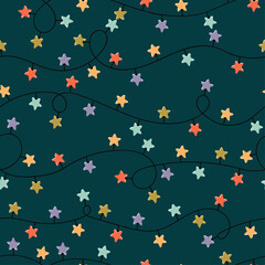 Fototapeta premium Vector modern colorful seamless background with illustrations of twinkle lights Christmas decorations. For wallpaper, textile print, web page, surface textures, wrapping paper, design of presentation