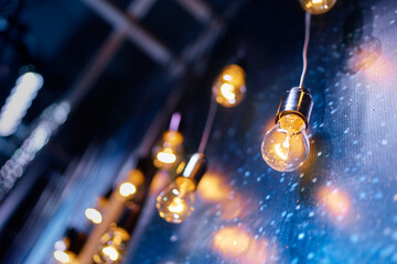 Light, design and interior. Vintage glass lanterns bulbs.