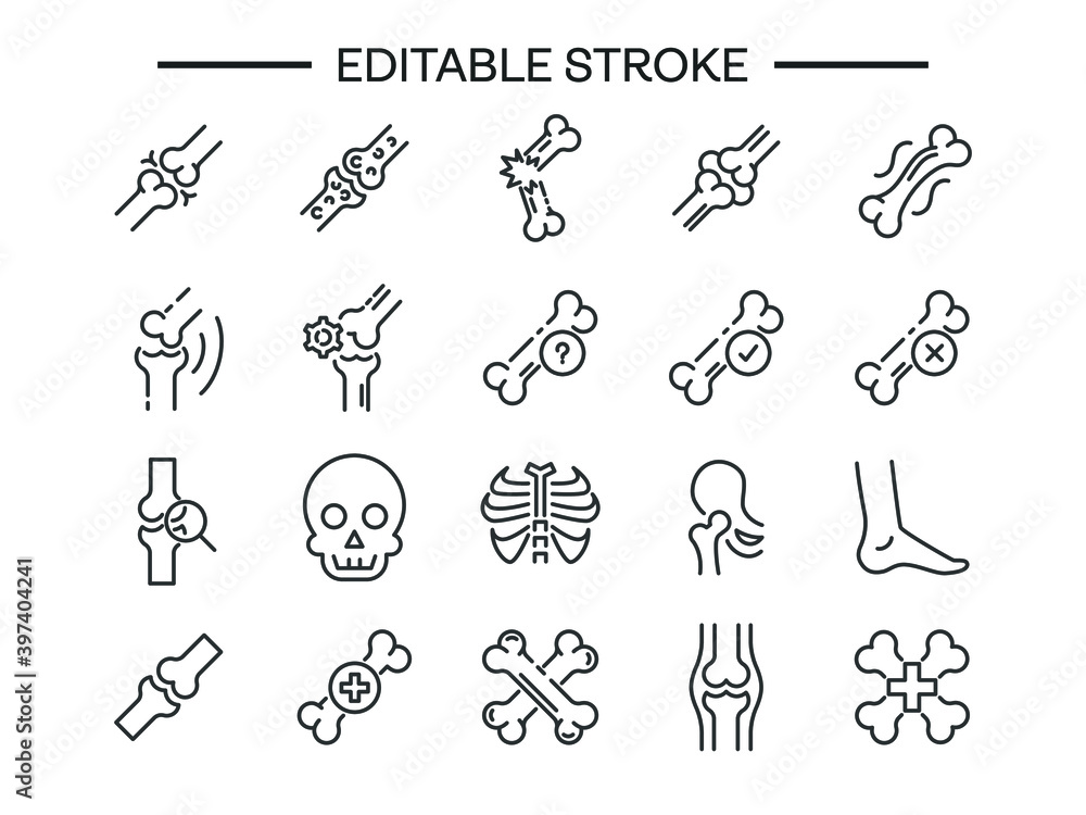 Poster bone editable thin line isolated vector icon set broken bone joint vector knee bones icon. joint out