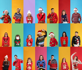 Fototapeta na wymiar Collage with photos of adults and children in different Christmas sweaters on color backgrounds