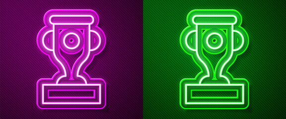 Glowing neon line Award cup icon isolated on purple and green background. Winner trophy symbol. Championship or competition trophy. Sports achievement sign. Vector.