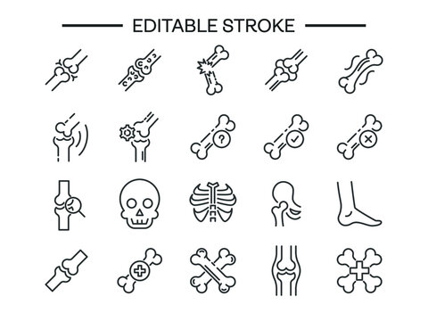 Bone editable thin line isolated vector icon set broken bone joint vector Knee bones icon. Joint outline symbol of human body for web design or mobile app signs for design logo 