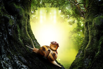Fantasy world. Magic snail with its shell house moving on tree in beautiful fairy forest