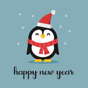 Happy New Year postcard with penguin