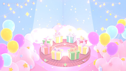 Fototapeta premium 3d rendering picture of Christmas gifts factory with glowing fairy light bulbs and colorful balloons.