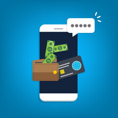 Electronic wallet on cellphone, mobile phone screen with digital money wallet and credit card for internet banking, wireless money transfer, smartphone internet cash.