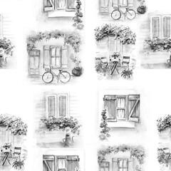 Seamless Pattern of watercolor old  windows, doors.