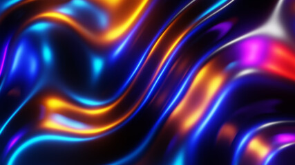 Fototapeta na wymiar Abstract background, liquid metal waves with neon colors, interesting texture 3D Render illustration.
