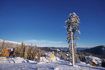 Beautiful white winter wonderland mountain scenery in the Carpathian with traditional houses on a...