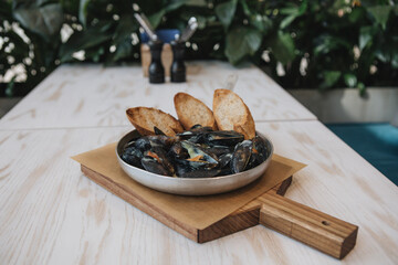 mussels on a wooden table