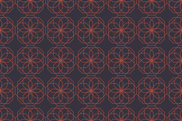 Seamless, abstract background pattern made with repeated lines forming polygonal geometric shapes in flower abstraction. Decorative, classical style vector art in orange and purple colors.