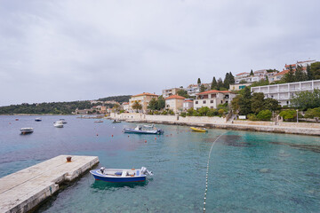 Fototapeta na wymiar Hvar Old Town Promenade. Sea coast in Dalmatia,Croatia. A famous tourist destination on the Adriatic sea.