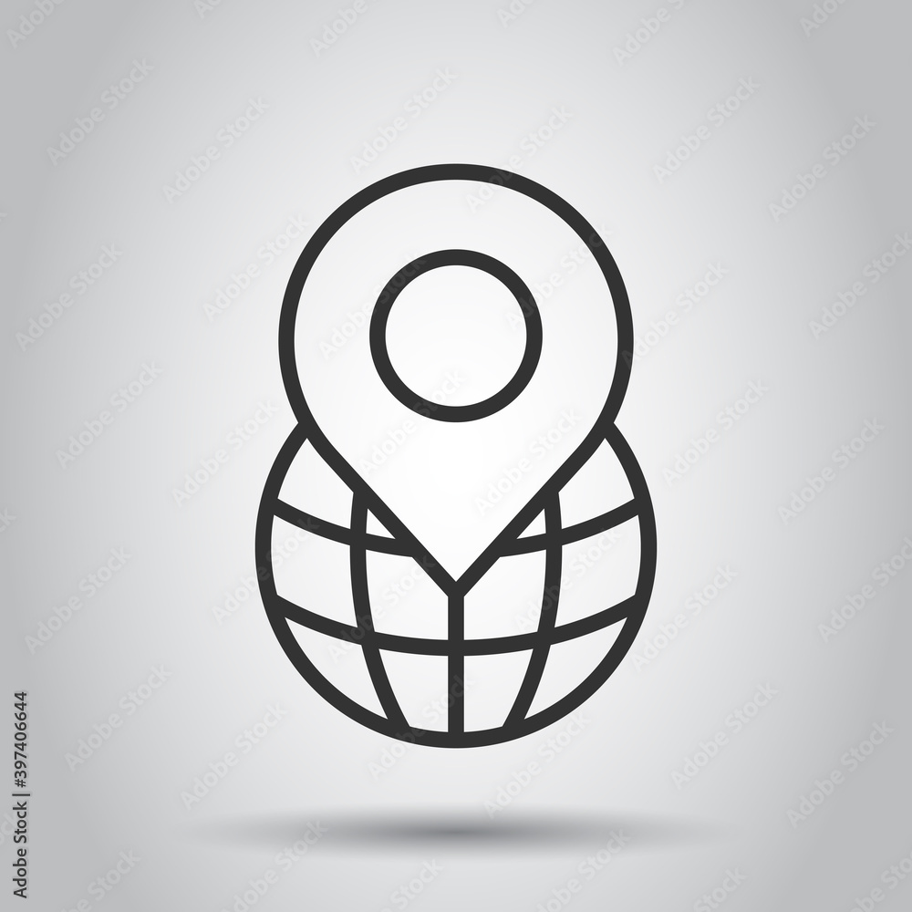 Poster global navigation icon in flat style. globe pin gps vector illustration on white isolated background