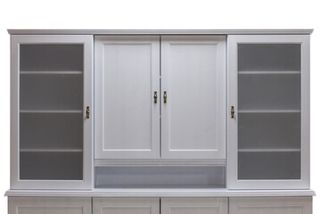 Close-up of a white kitchen cabinet with glass doors. Classic furniture made of natural wood.
