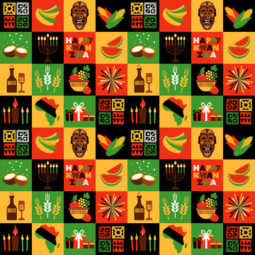 Banner for Kwanzaa with traditional colored and candles representing the Seven Principles or Nguzo Saba. Collgage style.