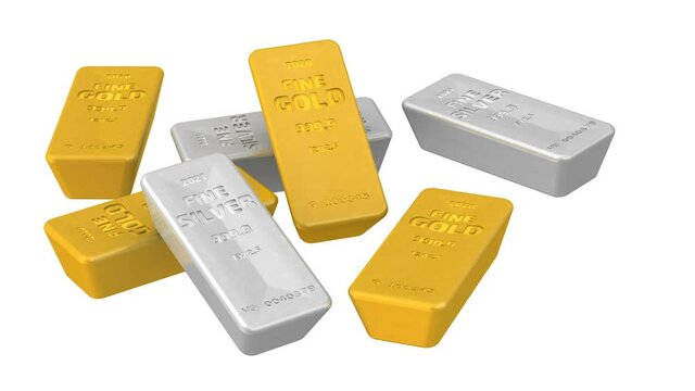 The highest standard Gold and Silver bars. A lot of ingots of 999.9 Fine Gold and Fine Silver are rotating on a white background. Footage video
